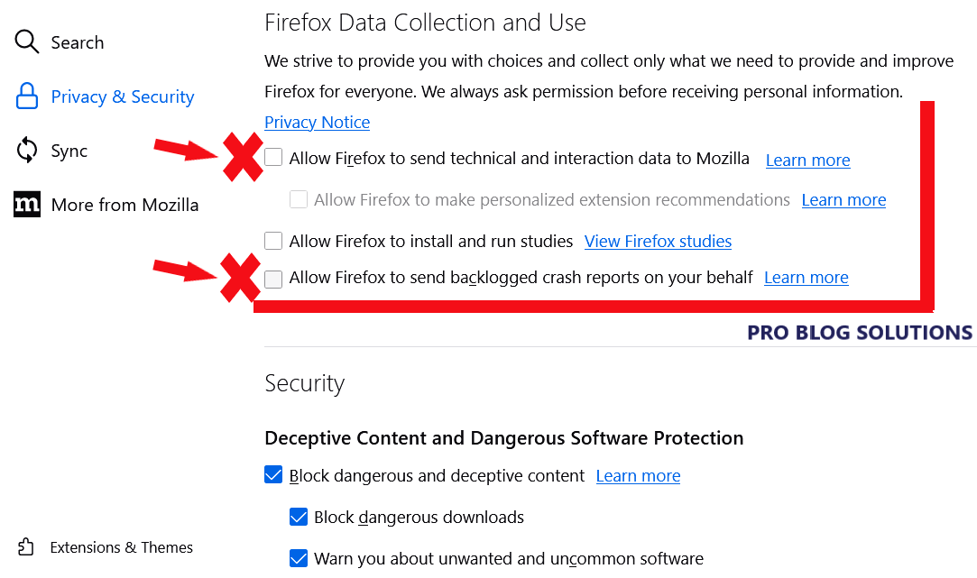 Disable Firefox Data Collection and Use