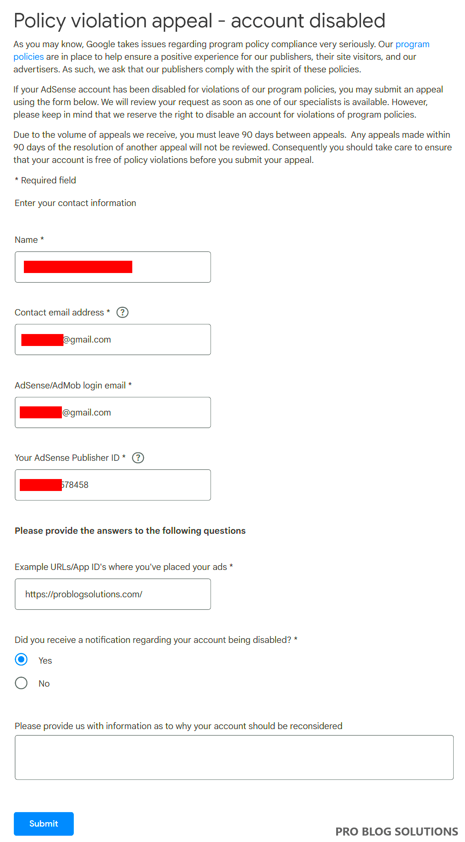 Policy Violation Appeal  Form for Account Disabled